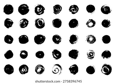 Abstract vector texture set featuring hand drawn paint brush strokes including circles stripes swirls and dynamic marks. Inspired by distressed graffiti walls and peeling paint surfaces this black and white monochrome collection is ideal for graphic design posters advertising signage and print creation.