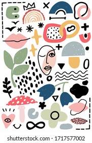 Abstract vector texture shape. Modern geometric trendy pattern. Doodle art illustration, graphic design on white background. Wallpaper collage element. Simple flower, cute face contemporary creative.