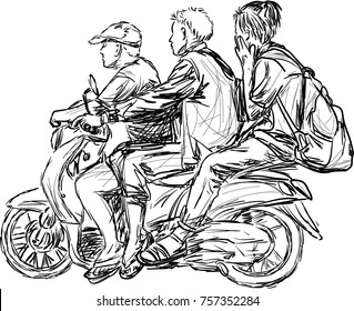 Abstract vector of Three men ride a motorcycle without wearing a helmet on their way to city.