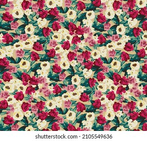 abstract vector three-color small flowers and green leaves illustration all-over digital image for textile design printing fabric, good for wrapping paper