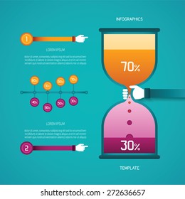 Abstract vector timeline and hourglass bar diagram infographic template in flat style