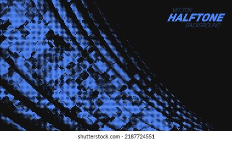Abstract vector torn blue halftone corner wave. Scrathed dotted texture element.