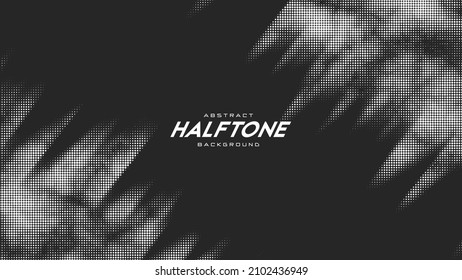 Abstract vector torn monochrome halftone background. Scrathed dotted texture element. Diagonal composition