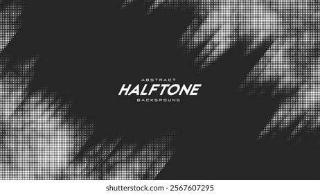 Abstract vector torn monochrome halftone background. Scrathed dotted texture element. Diagonal composition