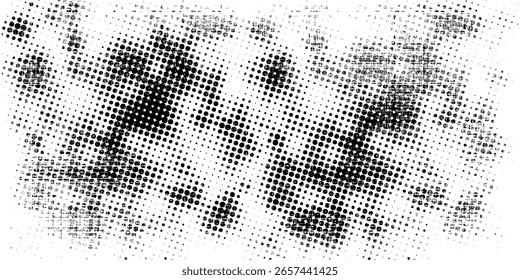 Abstract vector torn monochrome halftone background. Scrathed dotted texture element. Diagonal composition