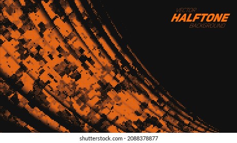 Abstrakte, orangefarbene Halftone-Eckwelle mit Vektorriss. Geschliffene Texturkomponente.