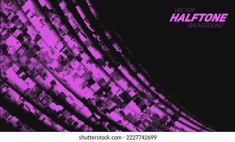Abstract vector torn violet halftone corner wave. Scratched dotted texture element.
