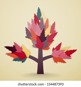 Abstract vector tree with colorful leaves on sand colors background