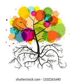 Abstract Vector Tree with Roots and Colorful Splashes Isolated on White Background