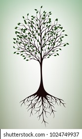 Abstract vector tree with roots and green leaves