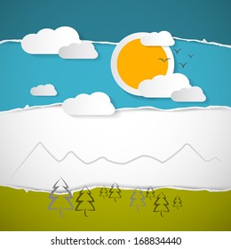 Abstract Vector Trees, Clouds, Mountain, Sun On Retro Torn Paper Background