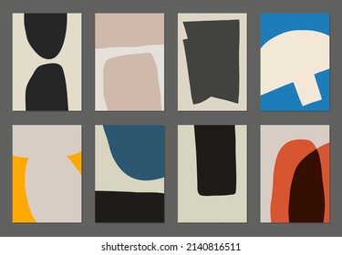 Abstract vector trendy design posters set. Compositions of hand drawn shapes. Abstract design for poster, card or cover. Japandi style.