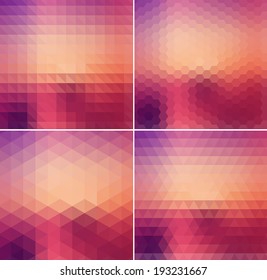 Abstract vector trendy multicolored geometric triangular and hexagonal patterns collection. Modern polygonal backgrounds. Colorful mosaic.