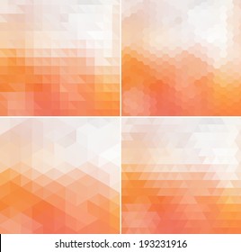 Abstract vector trendy orange geometric triangular and hexagonal patterns collection. Modern polygonal backgrounds. Colorful mosaic.