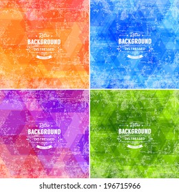 Abstract vector trendy retro polygonal patterns set. Scratched worn and distressed vintage style