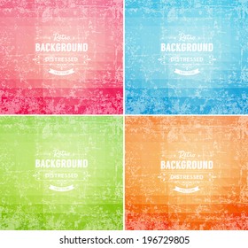 Abstract vector trendy retro polygonal patterns collection. Vintage distressed backgrounds set. Orange pink blue and green