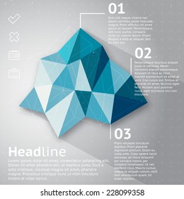 Infografía geométrica del triángulo vector abstracto, forma de montaña de hielo azul en un fondo gris con texto de muestra e iconos de negocios
