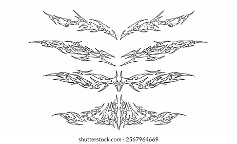 Abstract vector tribal ornament featuring symmetrical, flame-inspired patterns with sharp edges, ideal for tattoos, stickers, and graphic designs