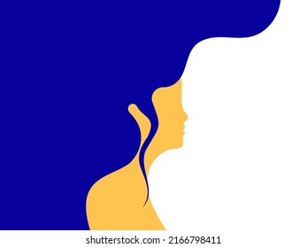 Abstract vector tricolor design with a silhouette of a woman with puffy hair.	