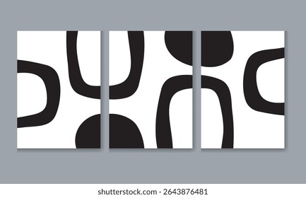  Tríptico vetorial abstrato com semicírculos pretos sobrepostos sobre fundo branco, criando contraste arrojado e ritmo dinâmico em uma composição moderna de arte de parede geométrica minimalista