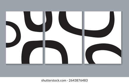  Tríptico vetorial abstrato com semicírculos pretos sobrepostos sobre fundo branco, criando contraste arrojado e ritmo dinâmico em uma composição moderna de arte de parede geométrica minimalista