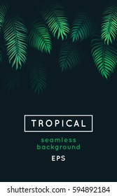 Abstract vector tropical decoration isolated on black. Green foliage border, jungle plants, irregular exotic leaves. Repeating rainforest background, seamless leaf pattern, decor. 