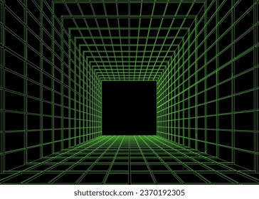 Abstract vector tunnel perspective grid. Futuristic black and green background. 3D design.