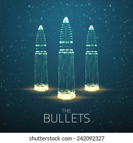 Abstract vector turquoise background with glowing bullet. Cloud of shining points in the shape of a bullet. Futuristic style card. Eps10