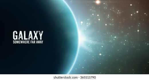 Abstract vector turquoise background with planet and eclipse of its star. Bright star light shine from the edge of a planet with a protuberance. Sparkles of stars on the background. 