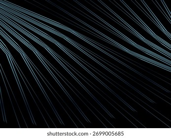 Vetor abstrato com linhas de brilho turquesa que se espalham de um ponto central em um fundo preto, criando um elegante e moderno feixe de luz futurista ou efeito de explosão.