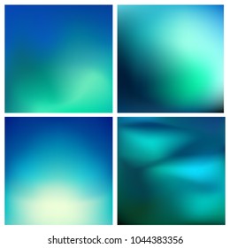 Abstract vector turquoise green blurred background set. 4 colors set. Square blurred pink backgrounds set - sky clouds sea ocean beach colors
