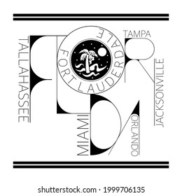 An abstract vector typography illustration on the Sunshine State, Florida in black on an isolated white background