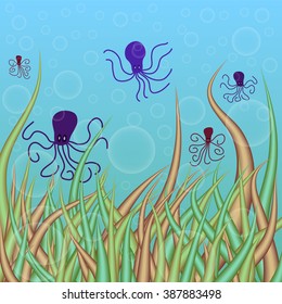 abstract vector underwater background with octopuses and bubbles