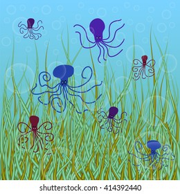 abstract vector underwater background with octopuses and bubbles