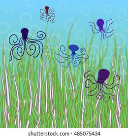 abstract vector underwater background with octopuses and bubbles