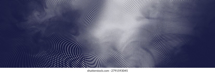 Abstract vector undulating dark navy blue lines forming subtle smoke pattern. Detailed crosshatch engraving moire smooth flowing waves