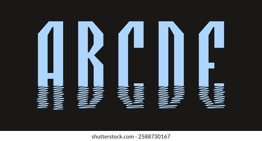 Abstract vector uppercase letters A-E with glitch stroke effect. Modern digital typography in light blue on a black background. Great for futuristic, cyber, and tech designs.