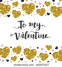 Abstract vector Valentine background with shining golden hearts. Festive greeting card.