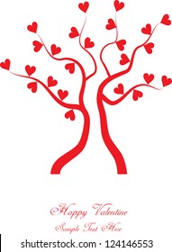 abstract vector valentine card design with tree and hearts in silhouette isolated on white background