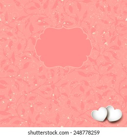 Abstract vector Valentine design - seamless pattern in background - with frame inside and a couple of paper hearts