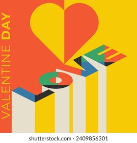 Abstract vector Valentine's day banner. Geometric bauhaus pattern with hearts and shapes