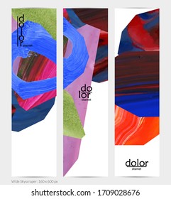 Banner vertical vector abstracto con formas coloreadas de textura acrílica brillante. Plantilla de diseño de cielo amplio artístico. Pintura digital de arte de collage dibujada a mano. Diseño universal con salpicaduras de pincel.