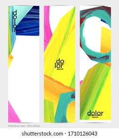 Abstract vector vertical banner with colorful bright acrylic textured shapes. Artistic wide sky design template. Hand drawn collage art digital paint. Universal layout with brush stroke splashes.
