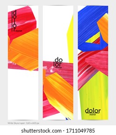 Banner vertical vector abstracto con formas coloreadas de textura acrílica brillante. Plantilla de diseño de cielo amplio artístico. Pintura digital de arte de collage dibujada a mano. Diseño universal con salpicaduras de pincel.