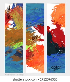 Banner vertical vector abstracto. Pincel colorido con pintura digital de color agua. Textura de color arcoiris de plumas en capas dimensionales. Plantilla de publicidad artística creativa. Brillante garabato.