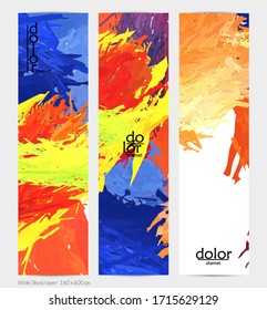 Banner vertical vector abstracto. Pincel colorido con pintura digital de color agua. Textura de color arcoiris de plumas en capas dimensionales. Plantilla de publicidad artística creativa. Brillante garabato.