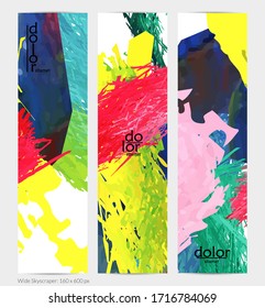Abstract vector vertical banner. Colorful brush stoke of digital watercolor paint. Dimensional layered feather rainbow colored texture. Creative artistic advertising template. Bright rough scribble.