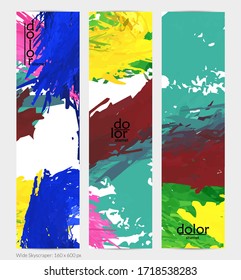 Abstract vector vertical banner. Colorful brush stoke of digital watercolor paint. Dimensional layered feather rainbow colored texture. Creative artistic advertising template. Bright rough scribble.