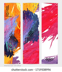 Abstract vector vertical banner. Colorful brush stoke of digital watercolor paint. Dimensional layered feather rainbow colored texture. Creative artistic advertising template. Bright rough scribble.