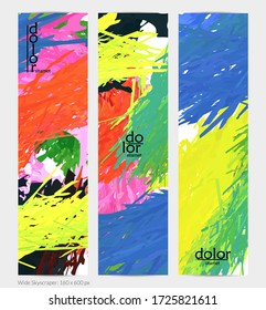 Abstract vector vertical banner. Colorful brush stoke of digital watercolor paint. Dimensional layered feather rainbow colored texture. Creative artistic advertising template. Bright rough scribble.